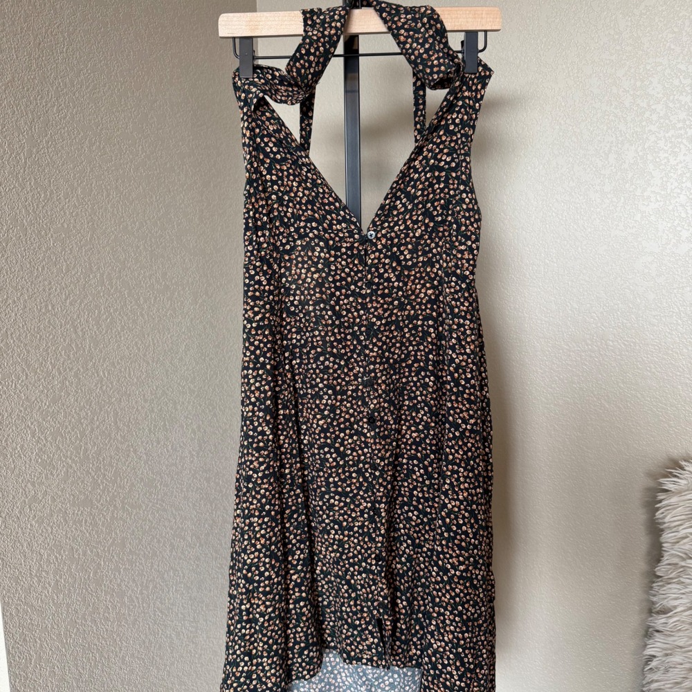 Free People C'est La Vie Mini Dress Floral Halter Open Back Tie Womens Size L - Picture 2 of 7
